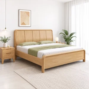 מיטה זוגית מעץ מלא עם ראש מיטה מעוצב