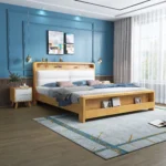 מיטה זוגית עץ מלא עם מקום איחסון בשילוב דמוי עור לבן