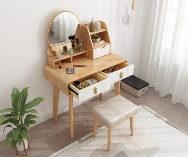 שידת איפור עם מראה עץ מלא צבע עץ טבעי ולבן