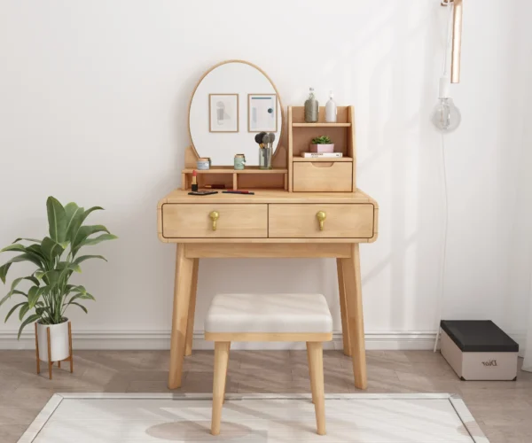 שידת איפור עץ מלא עם מראה וכיסא רגליים גבוהות צבע עץ טבעי